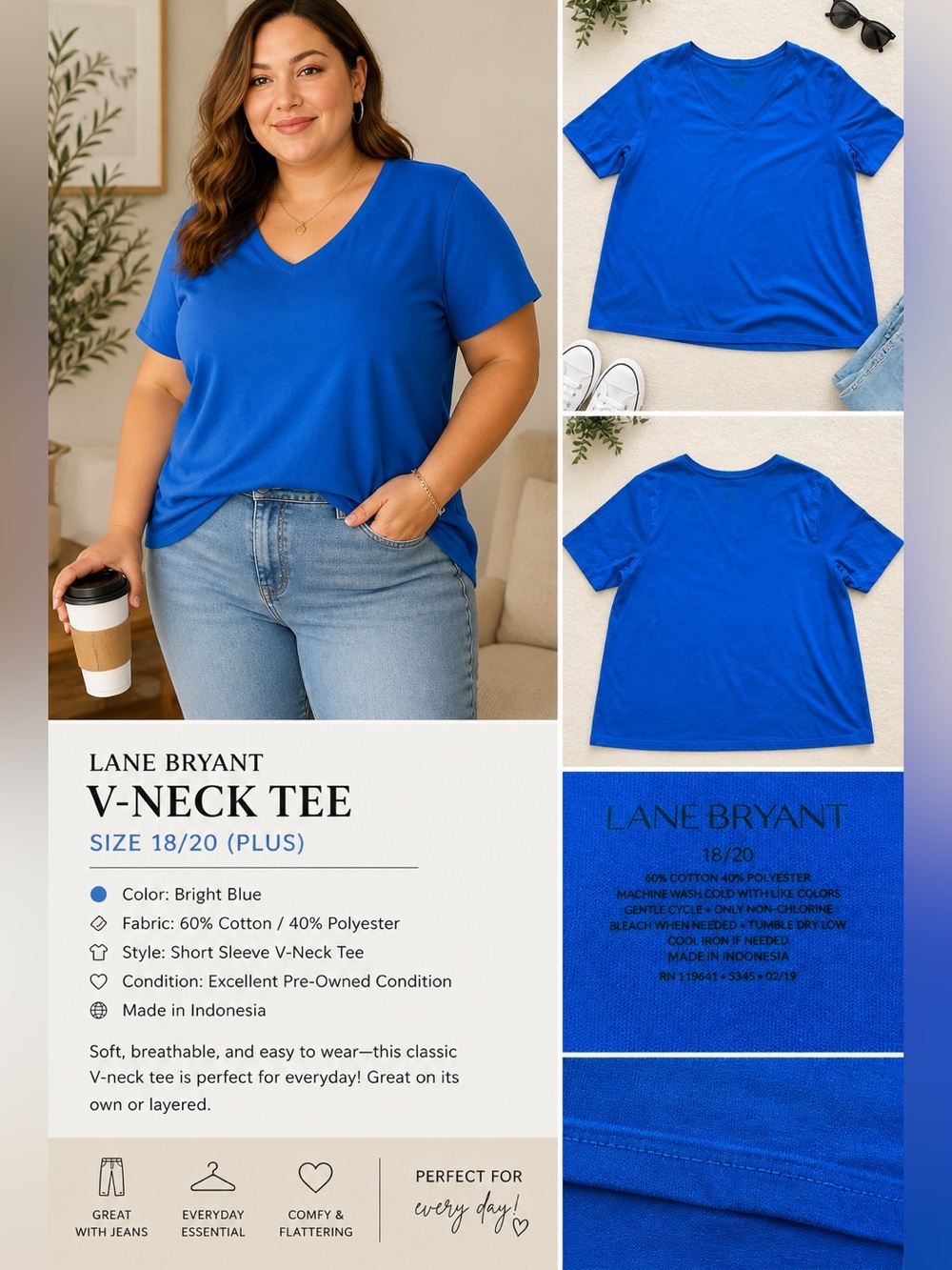 Lane Bryant Blue V-Neck Tee Size 18/20 Plus Cotton Blend Top